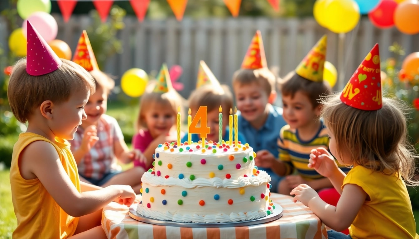 Kindergeburtstag 4 Jahre mit fröhlichen Kindern, die Spiele feiern und Spaß haben.