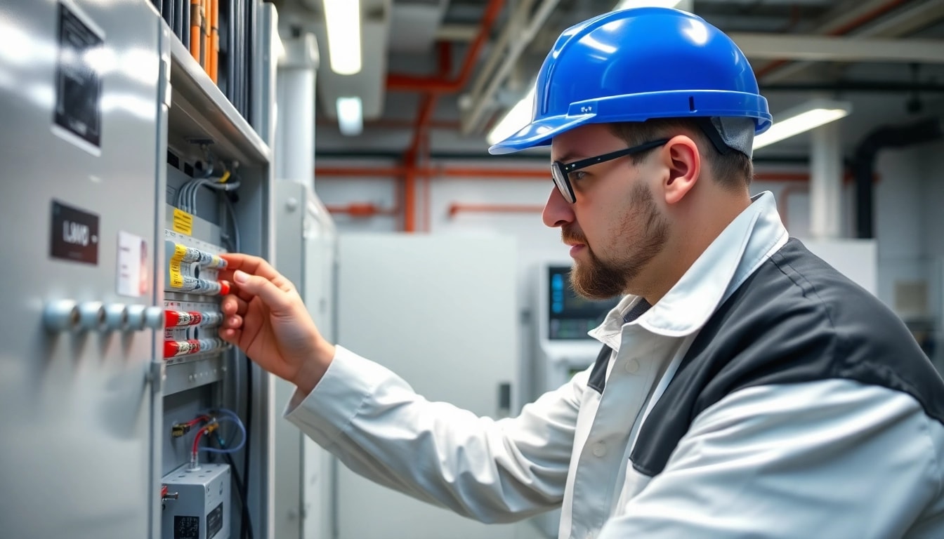 Techniker bei der DGUV V3 Prüfung elektrischer Geräte, demonstriert Sicherheit und Professionalität in modernen Prüfzonen.