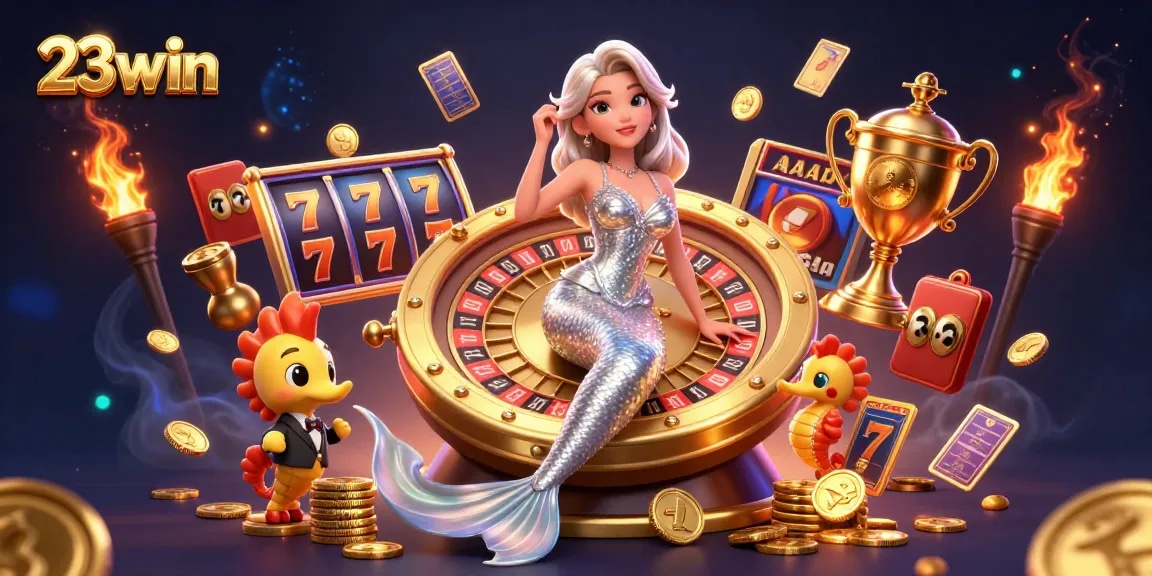 Experience the excitement of 23win with a stunning casino scene featuring a glamorous woman and dynamic game elements.
