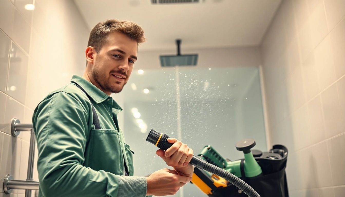 Professioneller Klempner bietet effizient Sanitär Notdienst in modernem Badezimmer an.