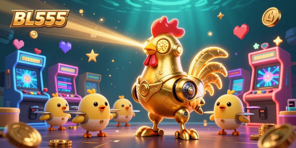 Engage with BL555's thrilling adventure, featuring a dynamic golden rooster robot and arcade casino elements.