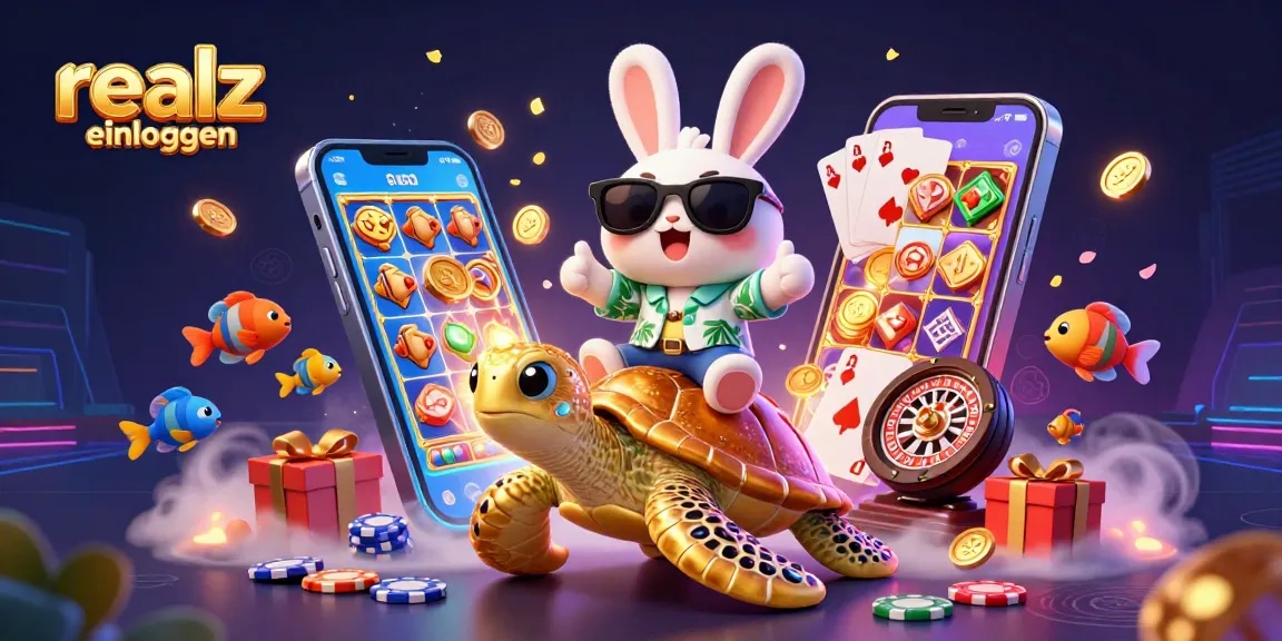 Loggen Sie sich im realz Casino ein und erleben Sie die faszinierende Spielwelt mit einem glücklichen Hasen und einer goldenen Schildkröte.