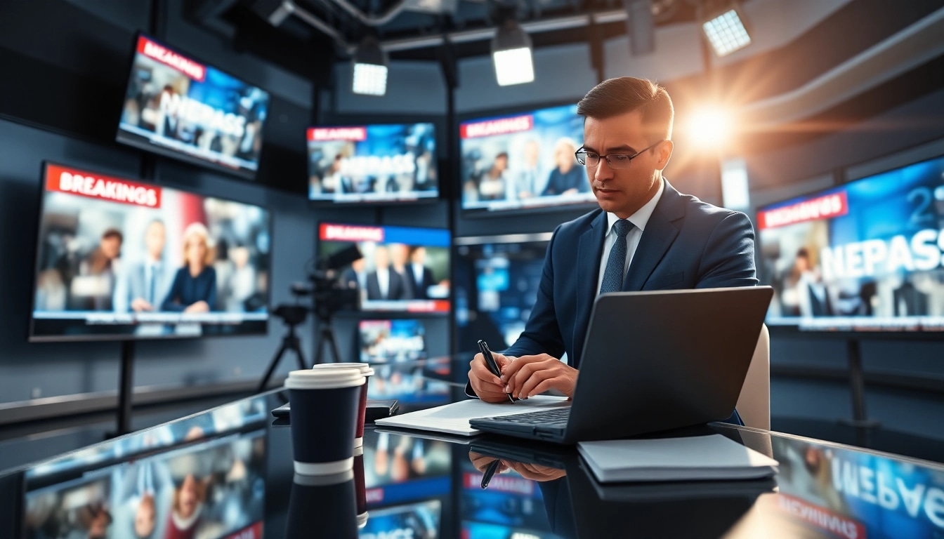 Aktuelle Meldungen: Journalist at a busy newsroom reporting breaking news.