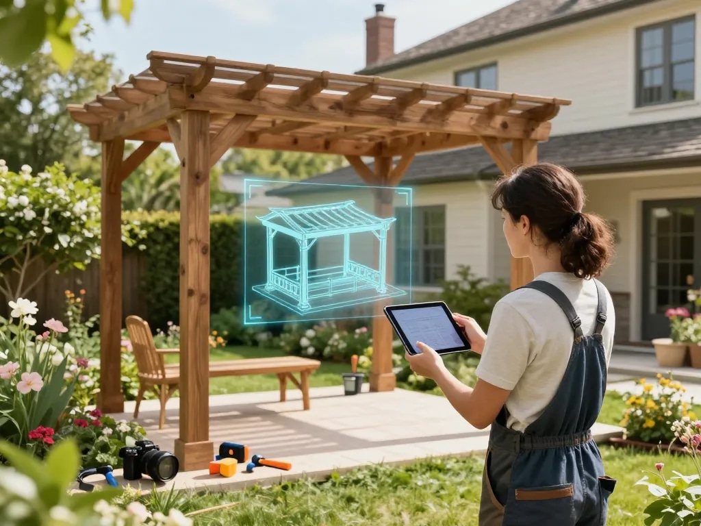 Interaktive Pergola Konfigurator-Installation in einer lebhaften Gartenumgebung, die eine 3D-Modellvisualisierung zeigt.