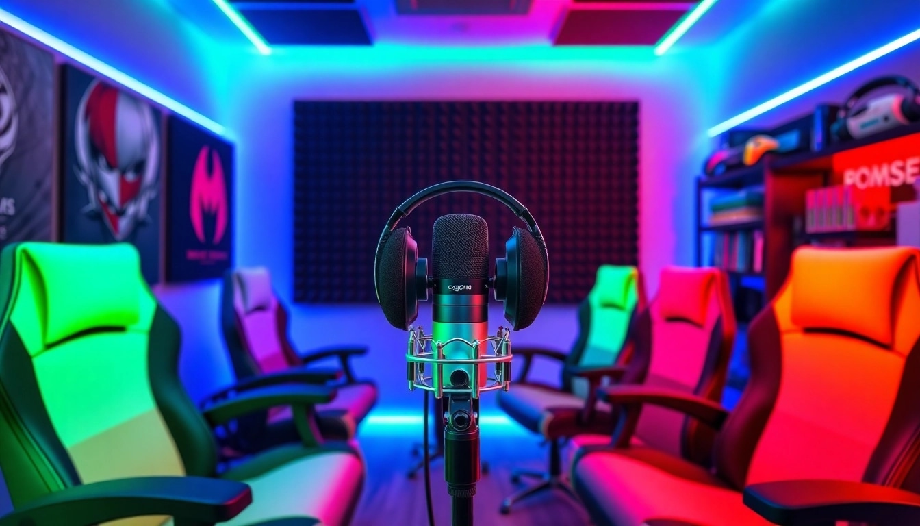 Gaming Podcast at a modern studio with vibrant lighting and gaming elements.