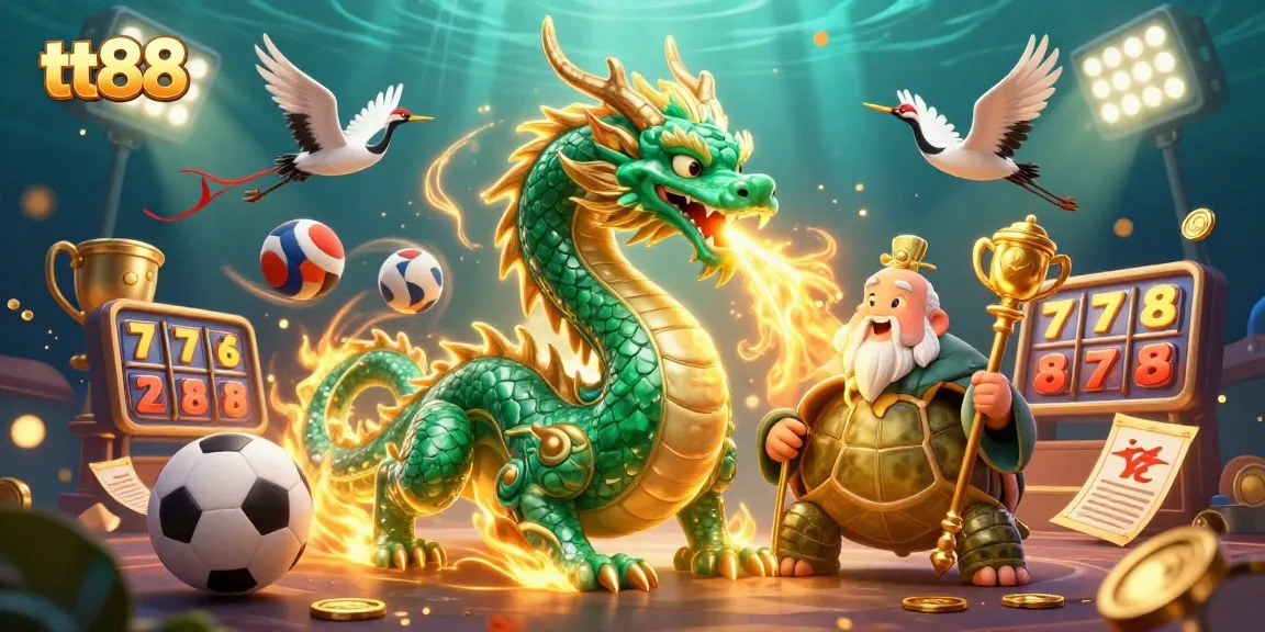 Engage with tt88's vibrant casino experience illustrated by a majestic jade dragon and lucky symbols.