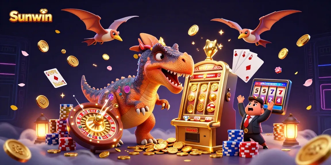Sunwin reels spin as a dinosaur smashes a slot machine, coins fly around in a bustling casino scene.
