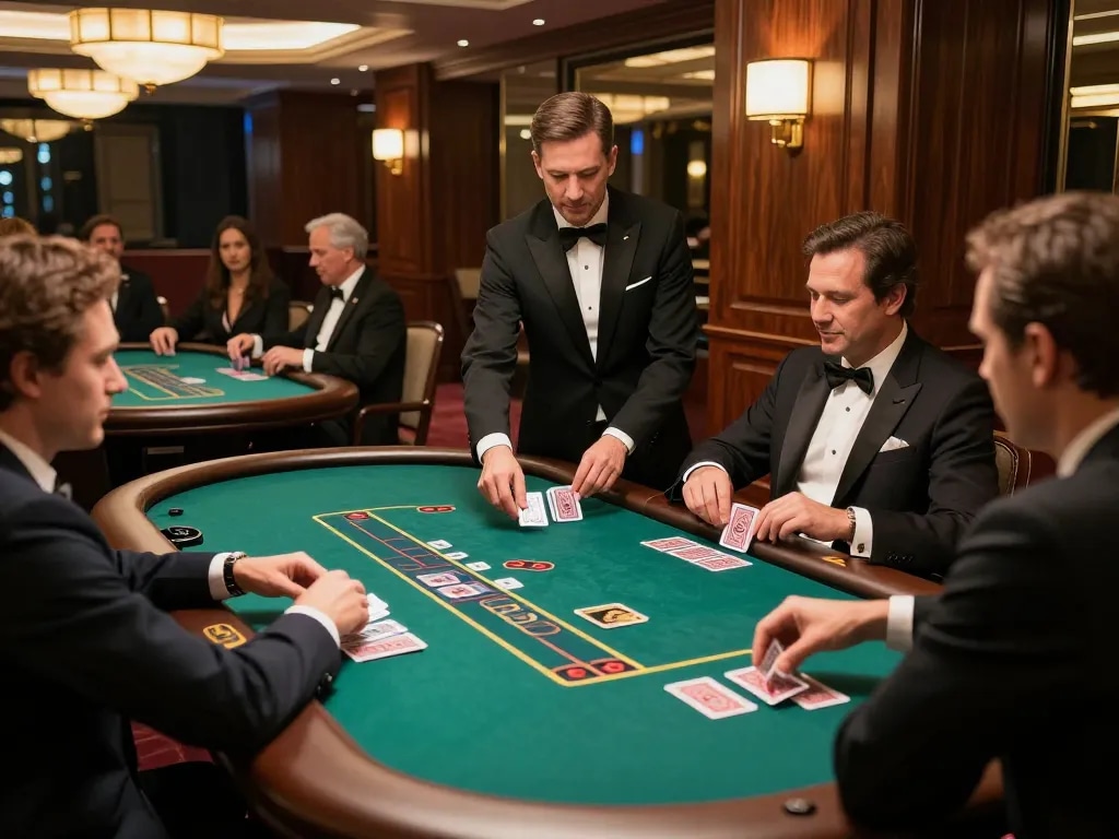 Players enjoying intense gameplay at an SC88 blackjack table, showcasing strategic bets and engaging dealer.