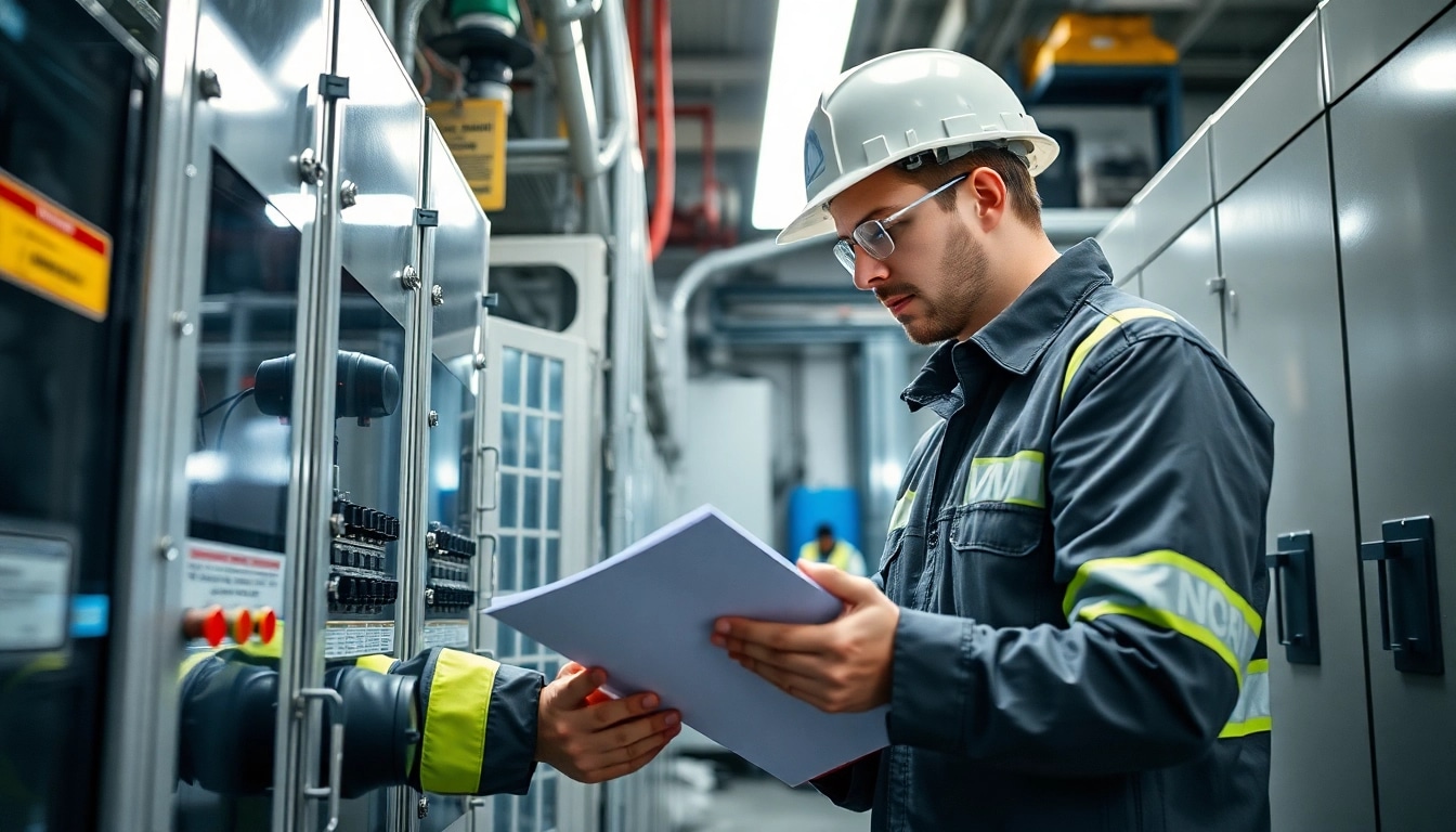 Technician performing DGUV V3 Prüfung on electrical equipment ensuring workplace safety.