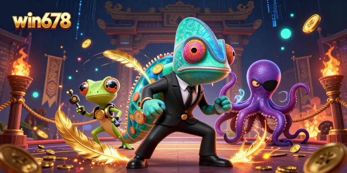 Win678 showcases an exciting casino scene with a secret agent chameleon and dynamic gameplay elements.