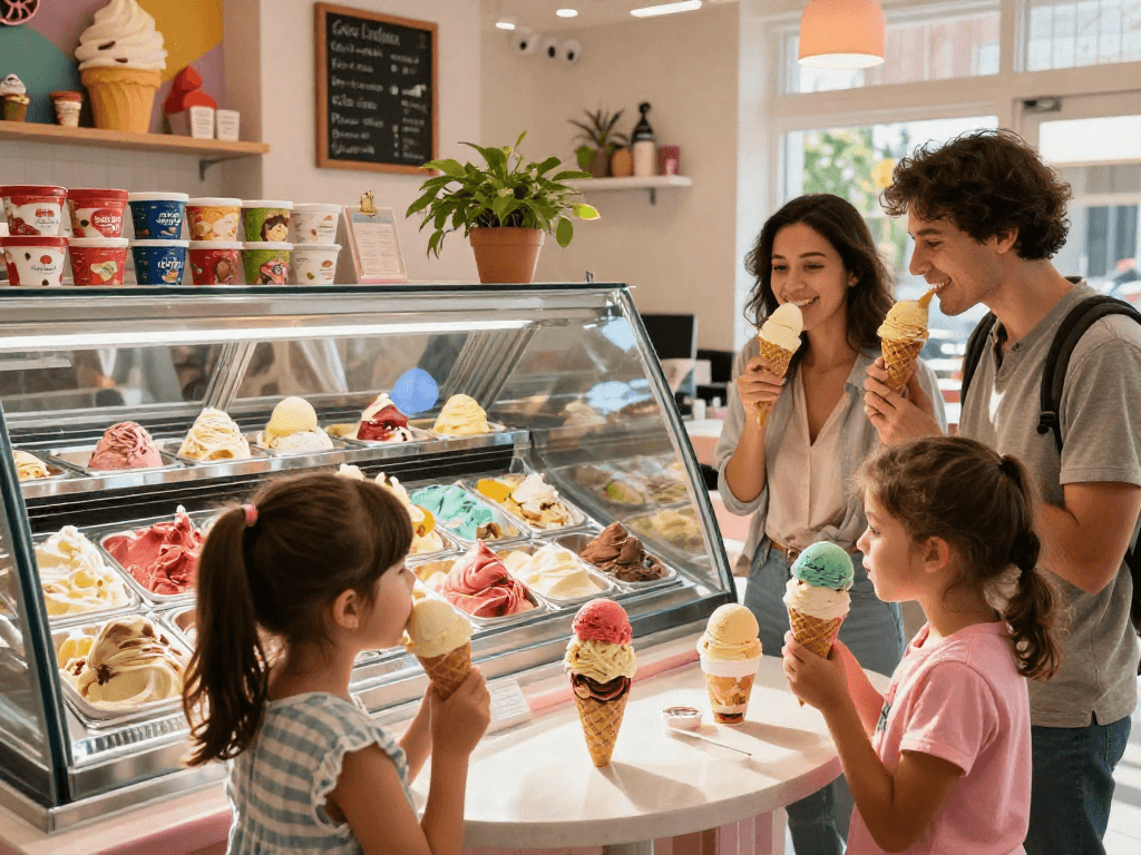 Family enjoying extraordinary ice cream flavors at ROKOK88, showcasing vibrant colors and joyful moments.