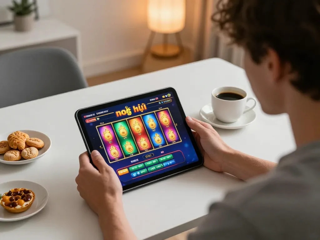 Player engaging with nổ hũ slot game on tablet, cozy home atmosphere, strategic online gambling setup