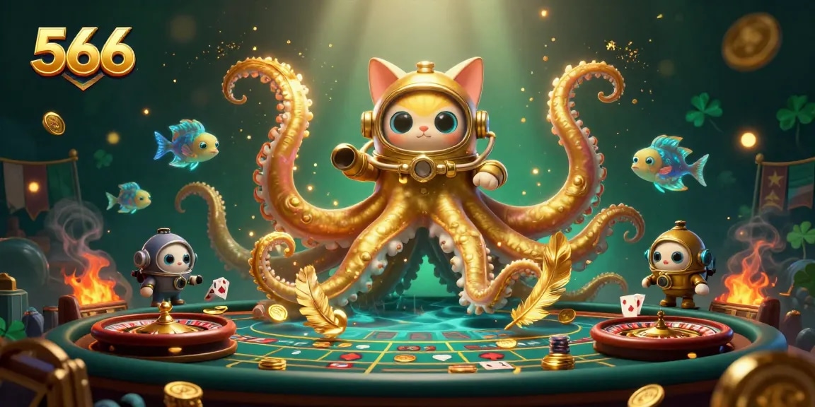 Engage in thrilling casino action at 566 with a colossal kraken and diving cat amidst vibrant gaming elements.