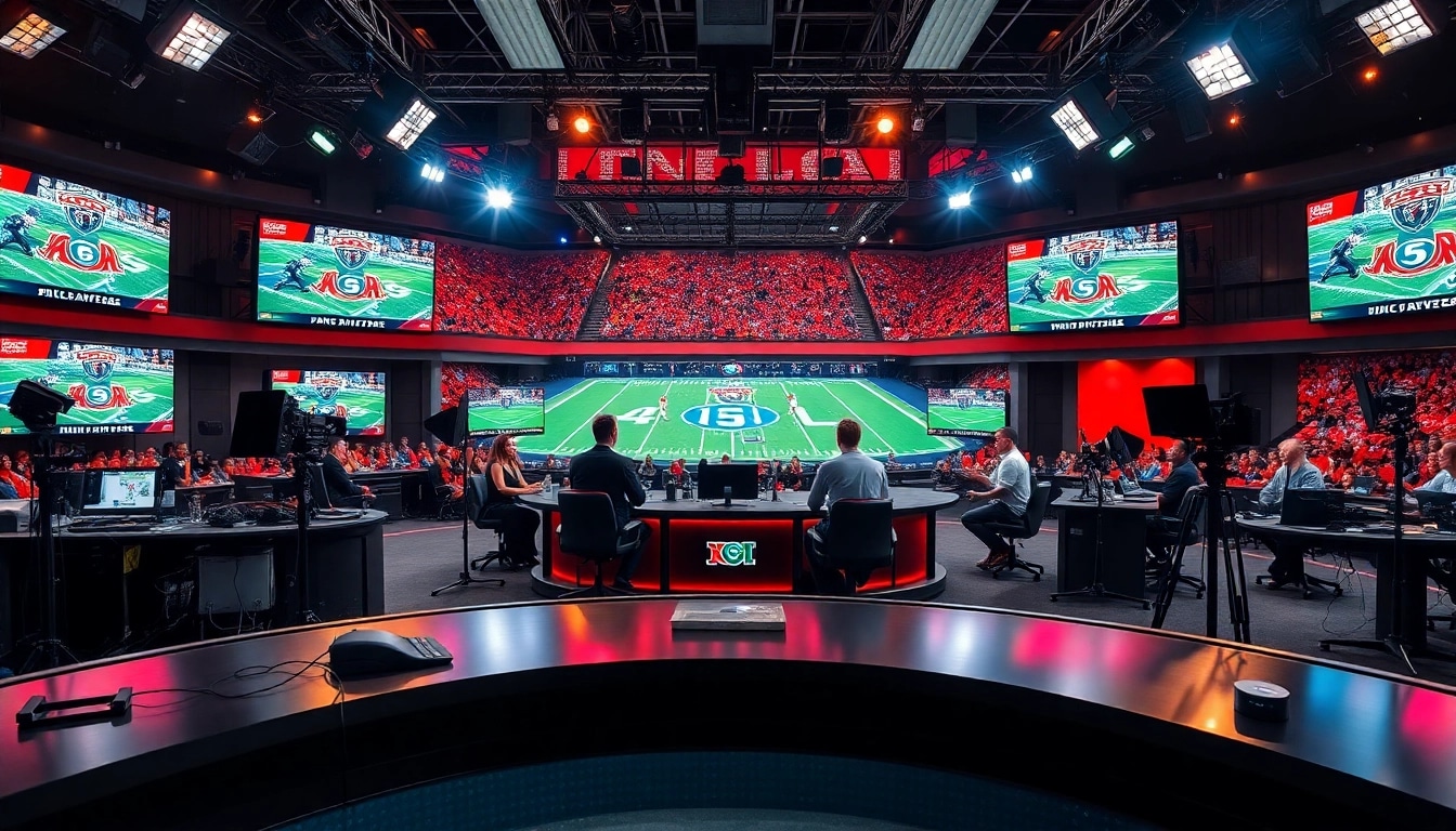 Engaging scene of sports broadcasting with commentators and multiple screens showcasing live events.