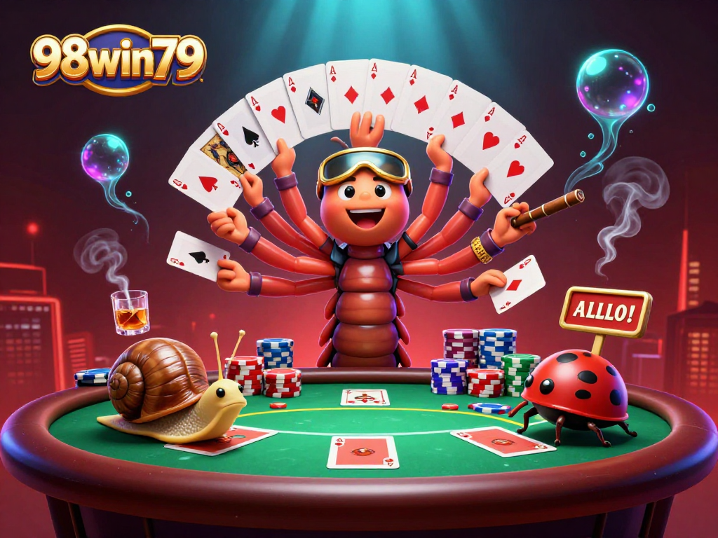 Experience thrilling 98win79 action with a vibrant poker scene featuring a lively millipede dealer.