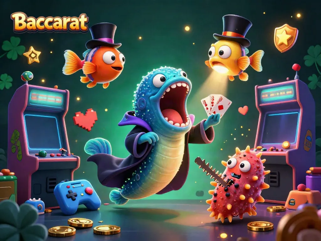 Experience Baccarat magic with an eel magician and casino-themed colorful 3D backdrop.