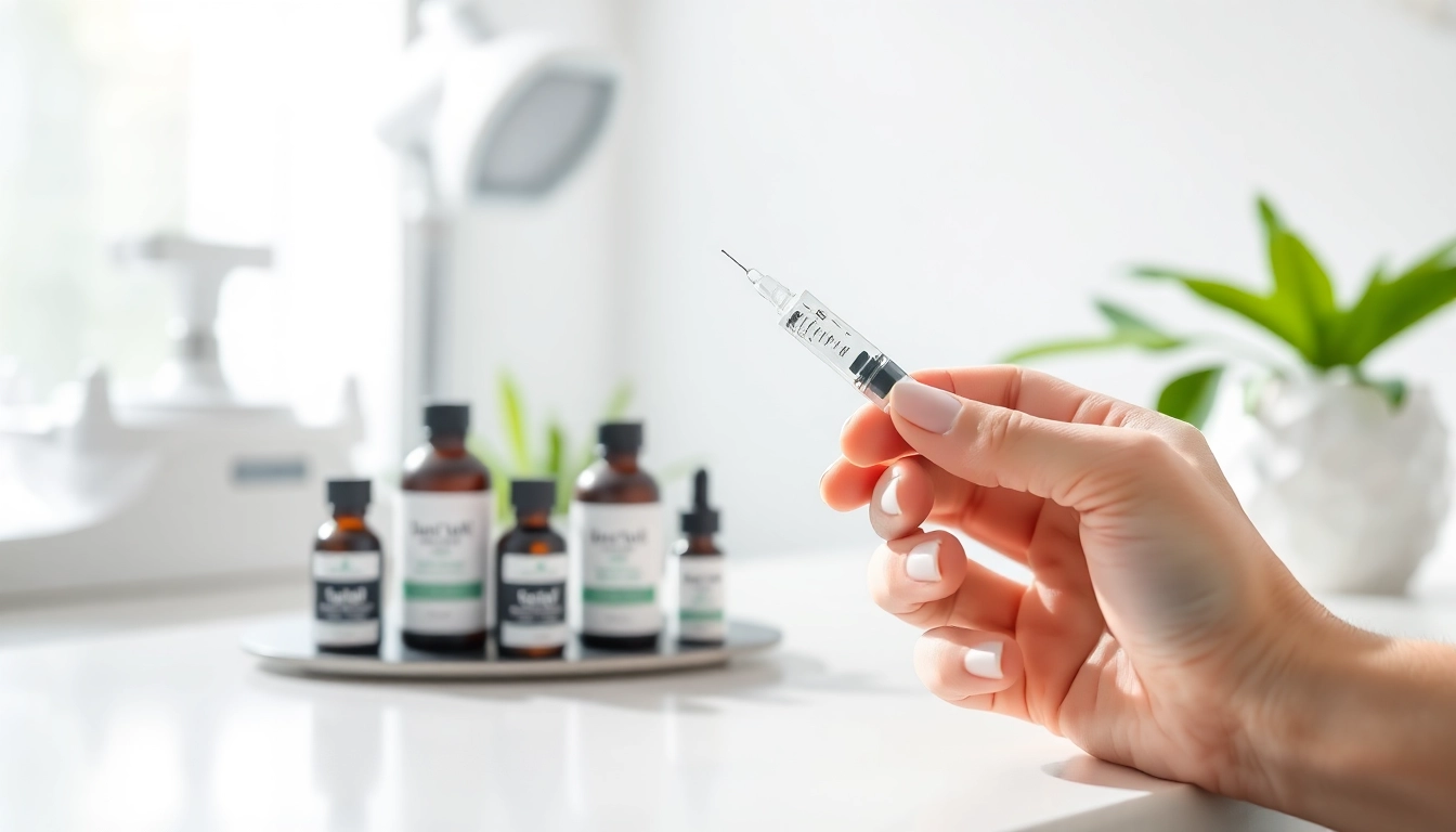 Hochwertige mesotherapie produkte auf einem Tisch, Hand mit Spritze, professionelle Atmosphäre.