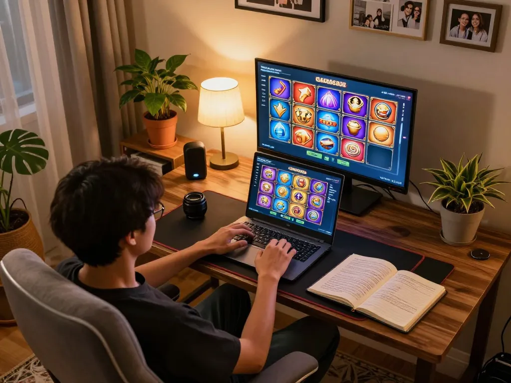 Engaging with slot gacor options on a laptop in a cozy home gaming setup, showcasing a strategic approach to online slots.