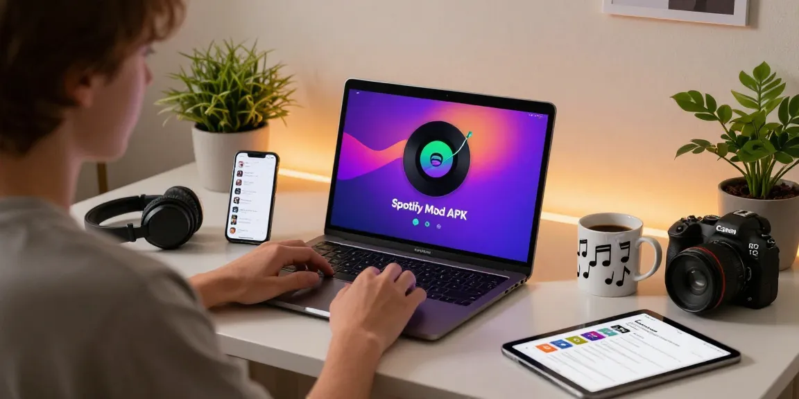 Person enjoying unlimited music on Spotify Mod APK in a cozy home office.
