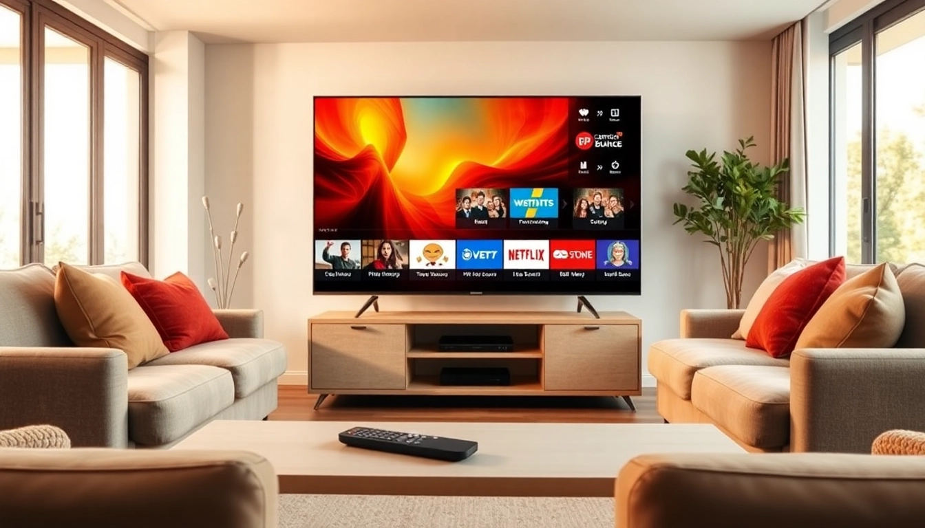 Genießen Sie IPTV Deutschland mit modernem Setup in einem gemütlichen Wohnzimmer.