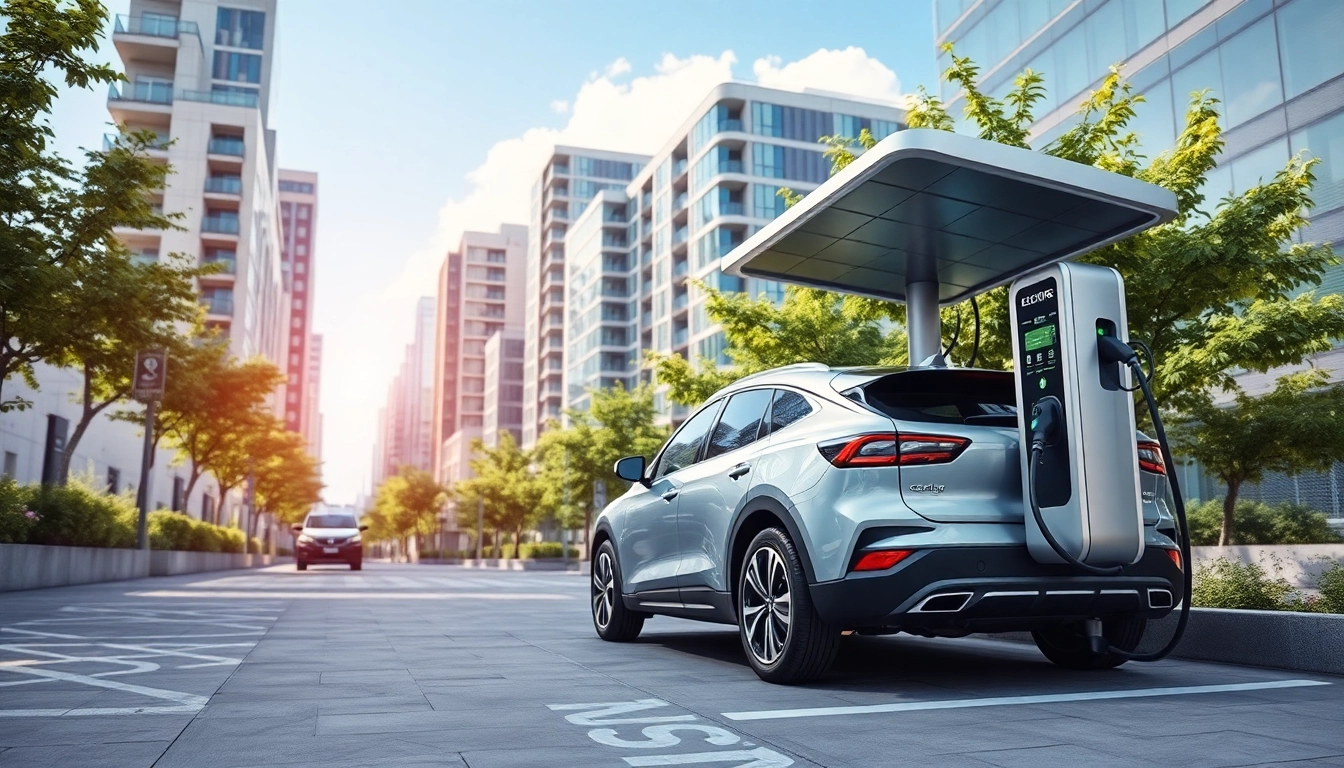 Elektroautos an einer modernen Ladestation in einer urbanen Umgebung mit nachhaltigen Technologien.