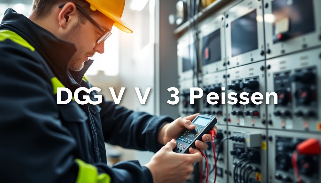 Technician conducting a DGUV V3 Prüfung on electrical equipment, ensuring workplace safety compliance.