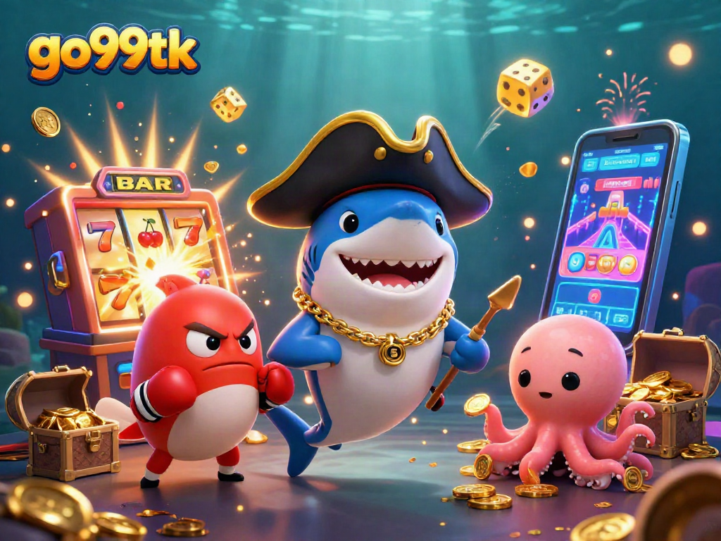 Experience thrilling moments with go99tk as the animated pirate shark wins gold coins in a vibrant casino scene.