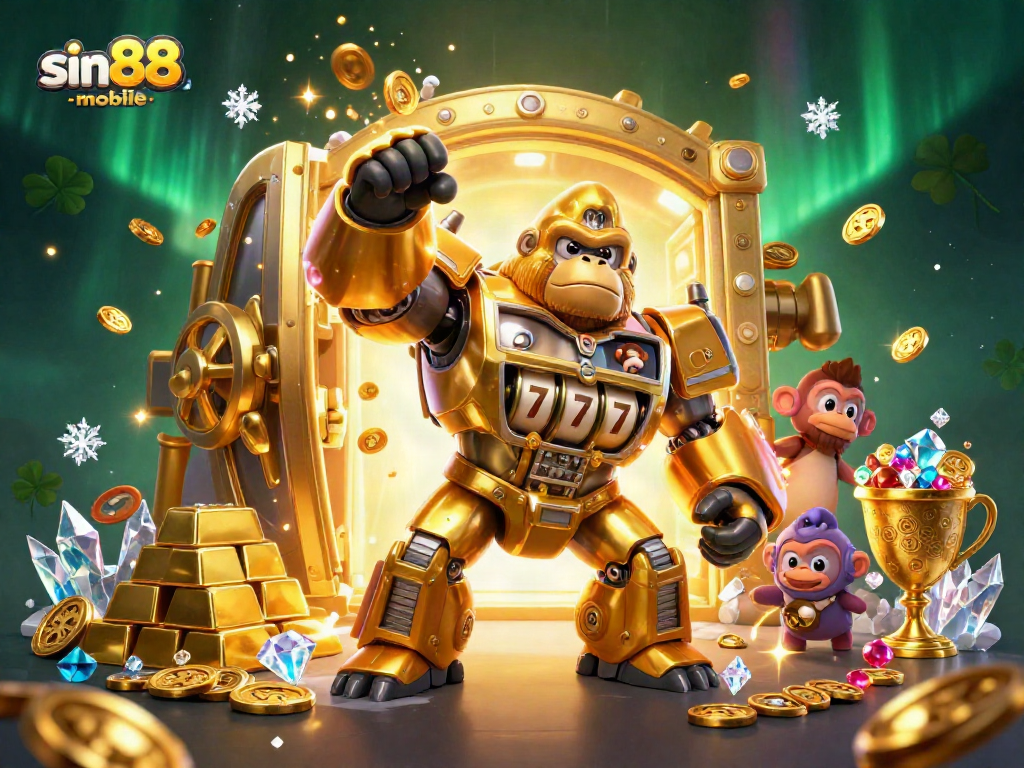 Engage in thrilling gameplay at sin88-mobile with vibrant golden gorilla mech and treasures in this exciting illustration.