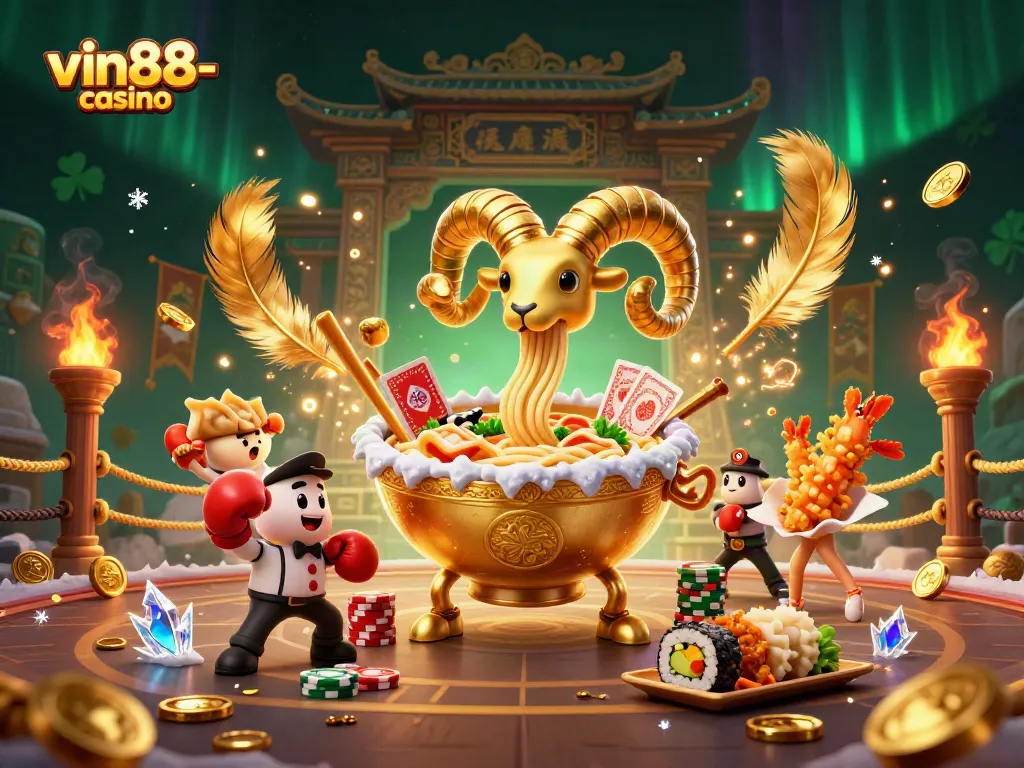 vin88-casino showcases a whimsical 3D scene with a giant ramen bowl character dealing cards and chips amidst vibrant casino elements.