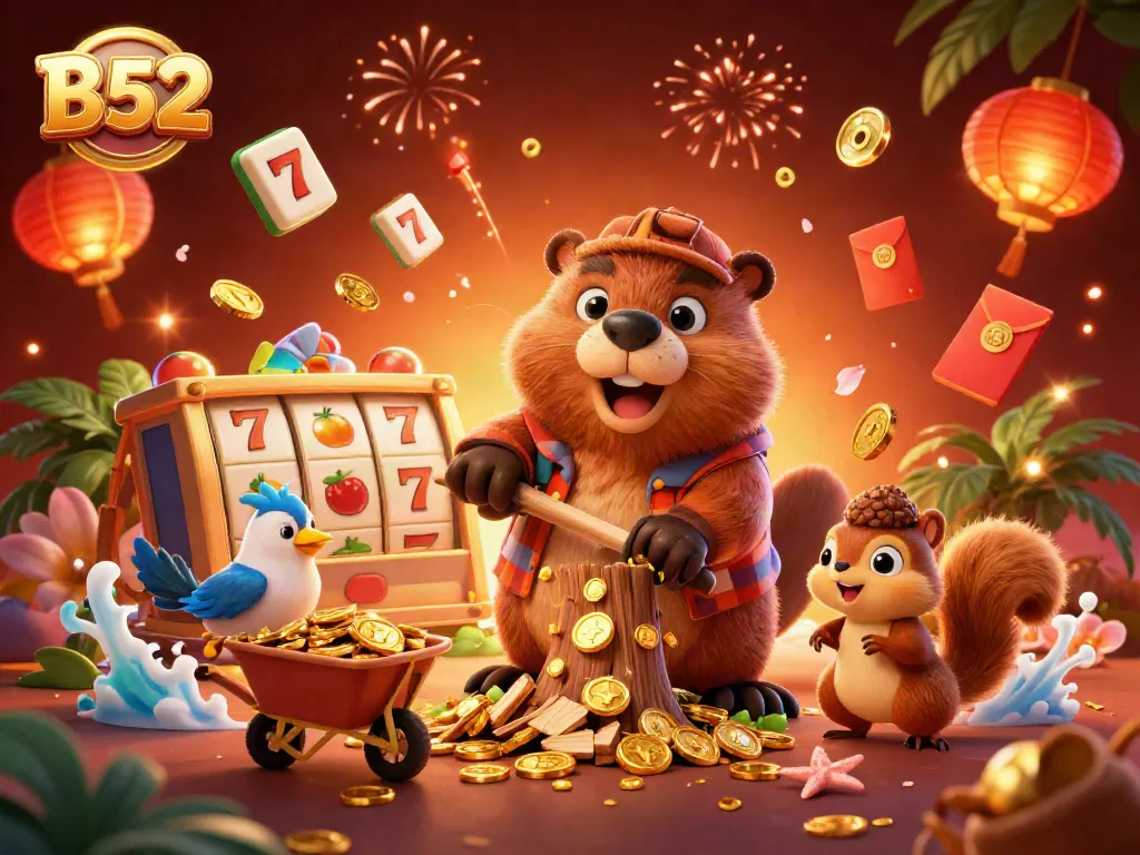 B52 engages players with a vibrant casino scene featuring gold coins, slot reels, and lively characters.