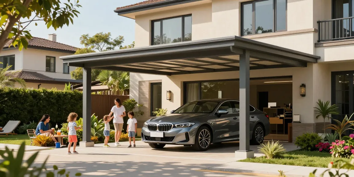 Moderne Carport-Konstruktion bietet Schutz für Fahrzeuge, ideal für Familienaktivitäten an sonnigen Tagen.