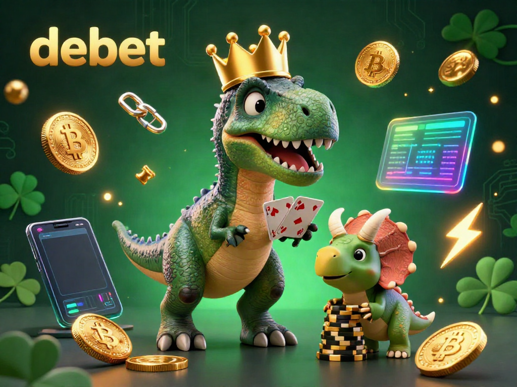 Experience the debet thrill with T-Rex shuffling cards and triceratops stacking chips in a vibrant casino scene.
