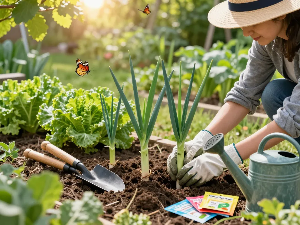 Gardener planting sommerporree seedlings in a vibrant home garden, surrounded by tools and sunlight.