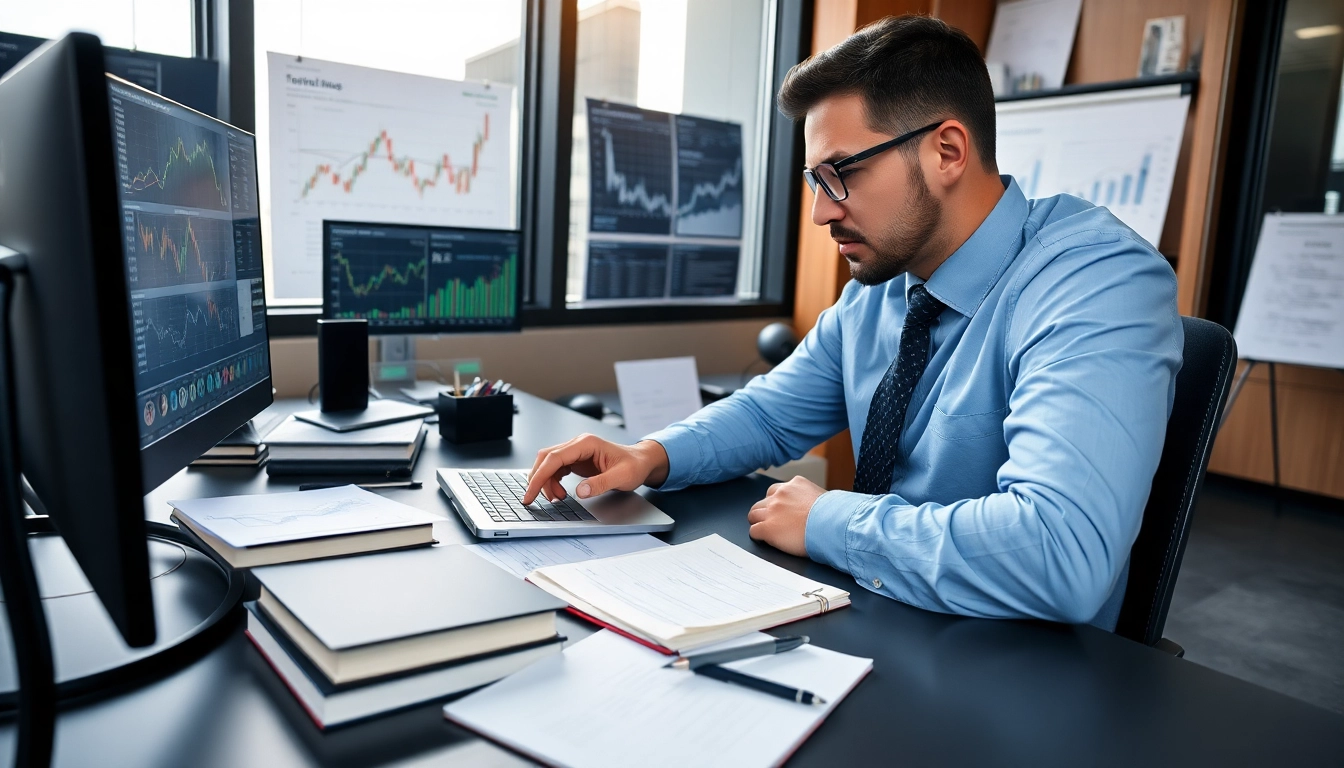 Fundamentale Aktienanalyse durch einen Finanzanalysten am modernen Schreibtisch mit Grafiken.
