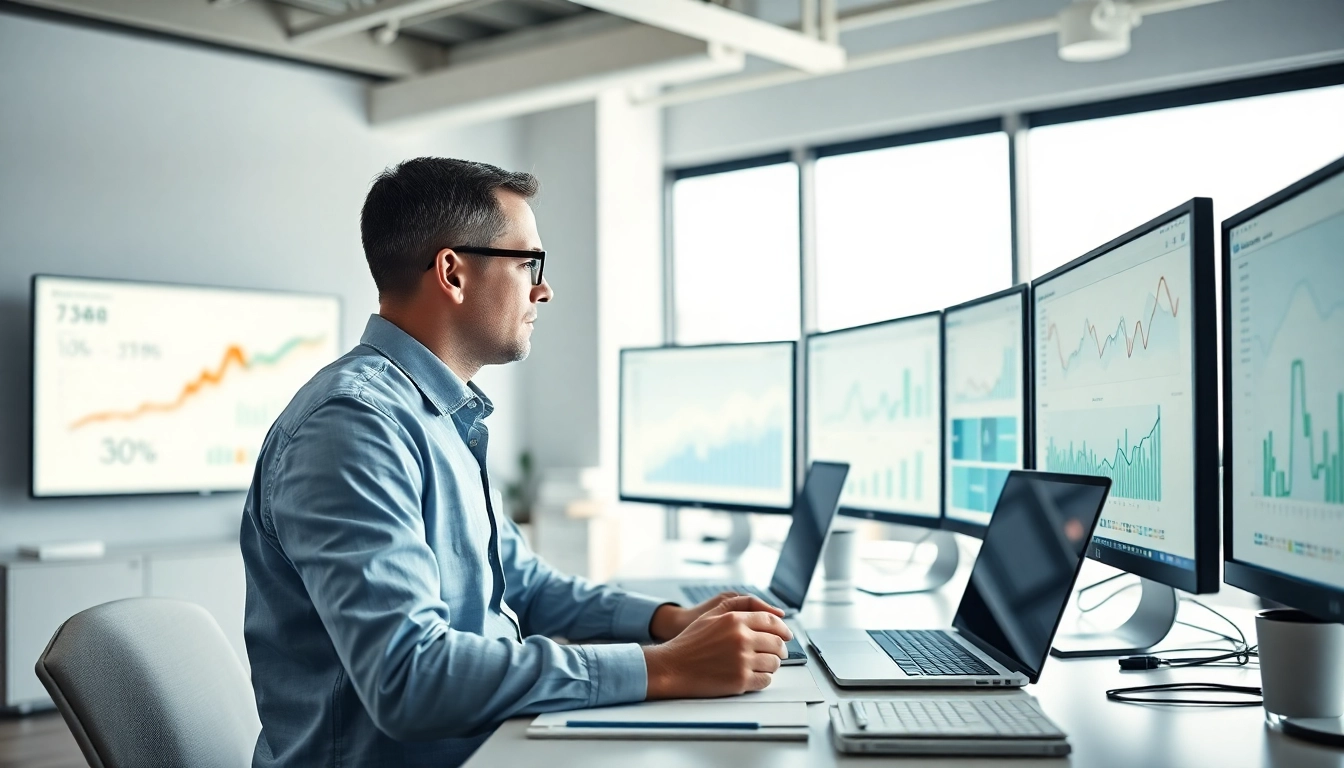 Erfahrene SEO-Tipps von einem Fachmann in einem modernen Büro mit Analyseschirmen.