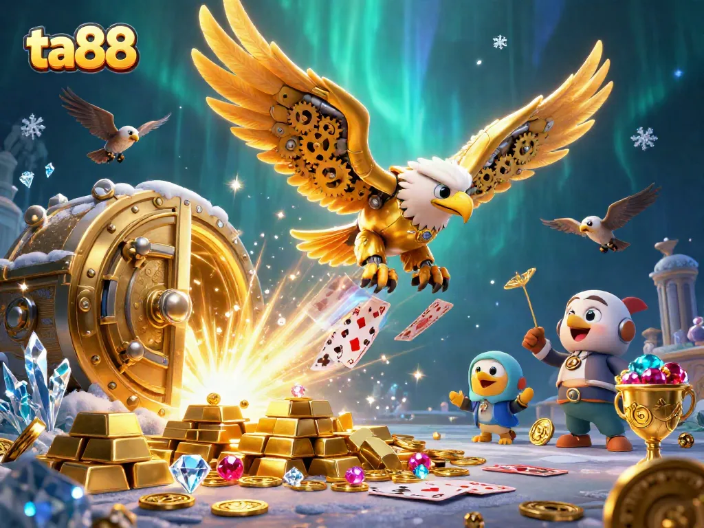 Experience ta88's vibrant casino action with a dynamic golden eagle diving through holographic cards.