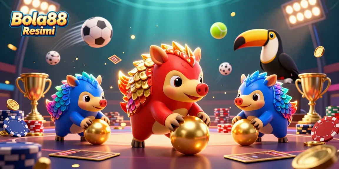 Bola88 Resmi features a vibrant 3D illustration of rival pangolins bowling through poker chips, showcasing thrilling sports betting.
