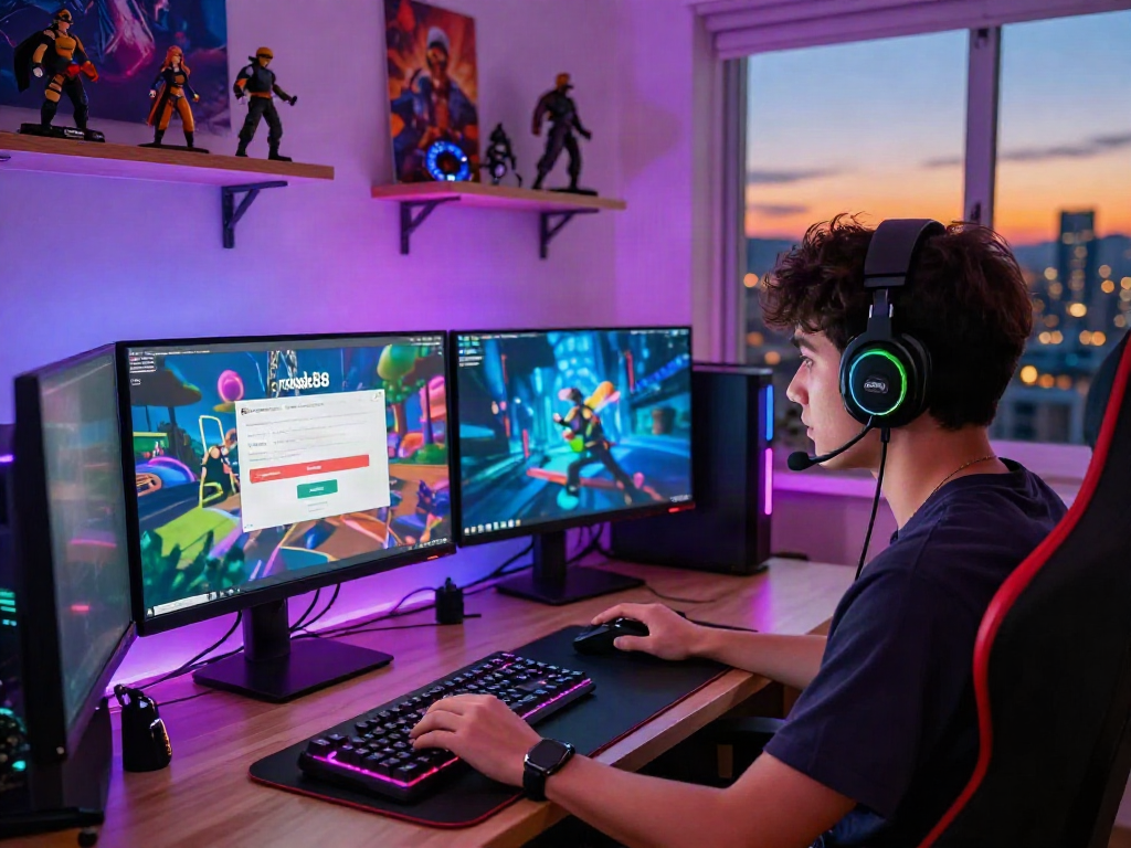 Player engaged in rokok88 login at a colorful gaming setup with multiple monitors and vibrant LED lights.
