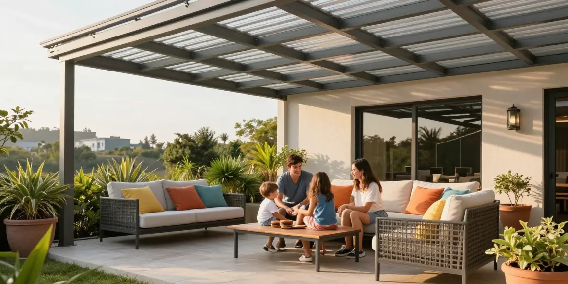 Terrassenüberdachung im modernen Design mit Familie im Garten