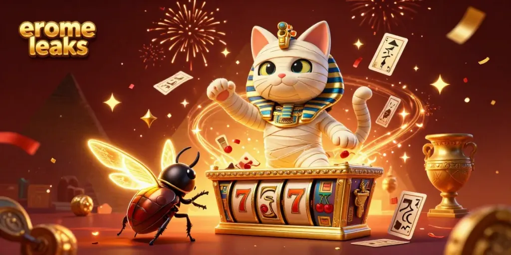 Experience the excitement of erome leaks with a vibrant casino scene featuring an Egyptian mummy cat and slot reels.
