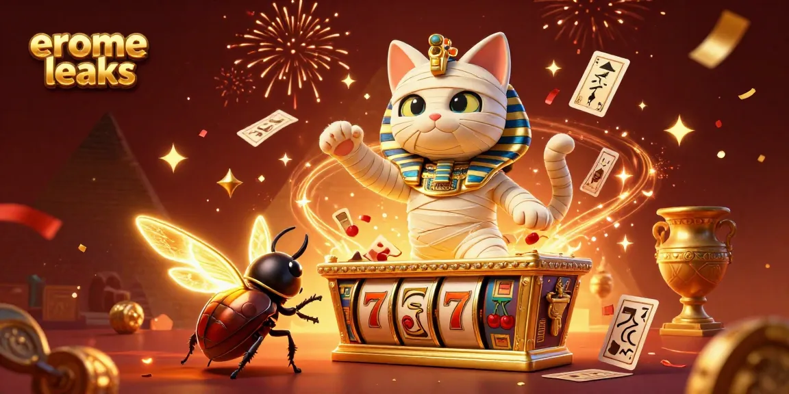 Experience the excitement of erome leaks with a vibrant casino scene featuring an Egyptian mummy cat and slot reels.