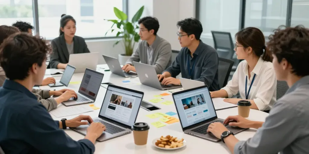 Professionelles Webdesign-Team im Saarland diskutiert Strategien für Kundenprojekte.