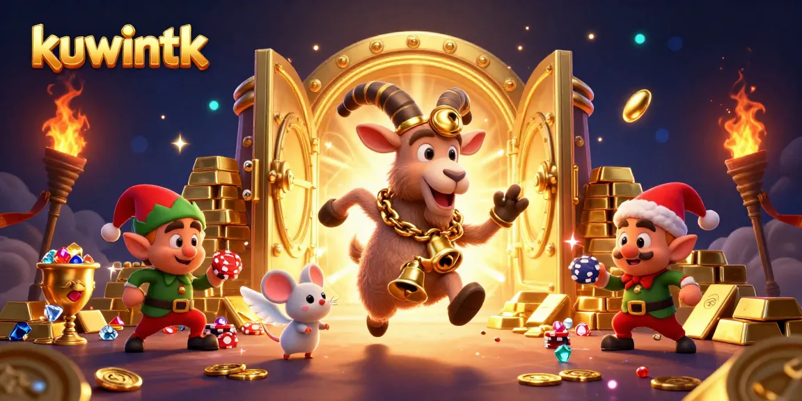 Wager and win at kuwintk casino with dynamic characters in a vibrant, treasure-filled 3D scene.