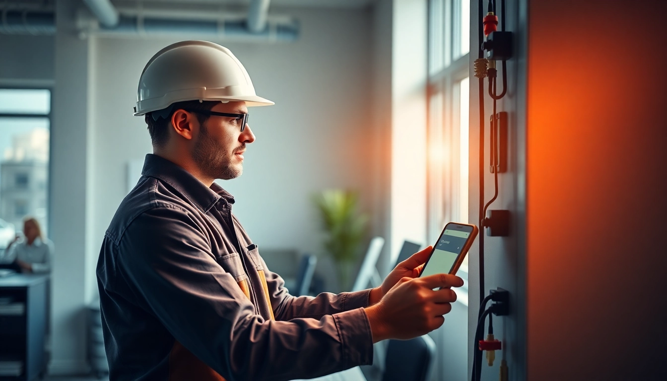 Electrician performing a DGUV V3 Prüfung on electrical equipment in a well-lit office environment.