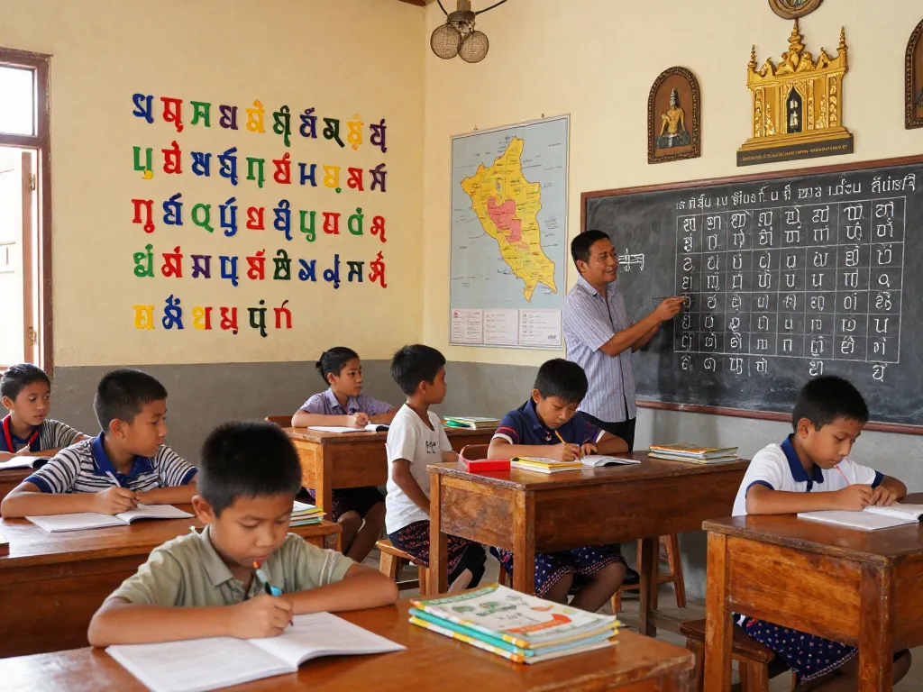 Kinder, die in einem lebhaften Klassenzimmer die Khmer-Schrift lernen und kulturelles Engagement hervorheben.