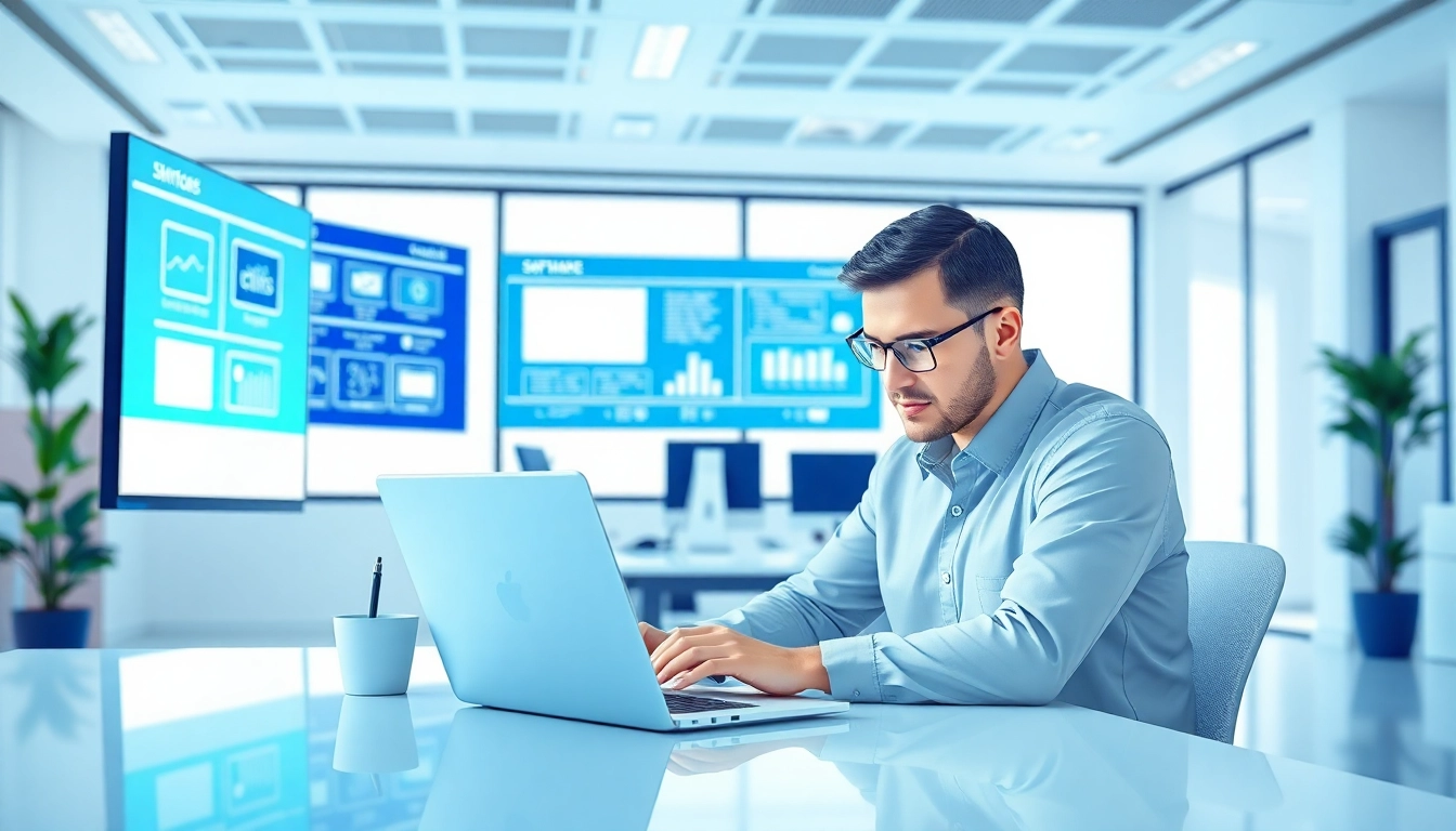 Effiziente Software Hilfe durch einen fokussierten Benutzer an einem Laptop in einem modernen Büro.