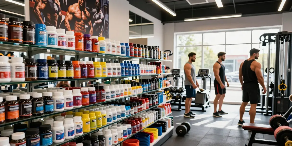 Anabolika Shop scene with bodybuilder exploring anabolic steroids in a vibrant gym environment, showcasing diverse products on display.