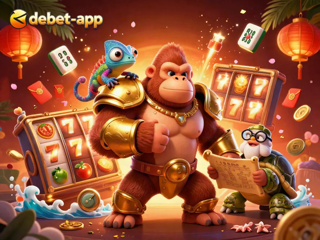 Engage with exciting games at debet-app featuring a powerful gorilla king and rich casino elements.