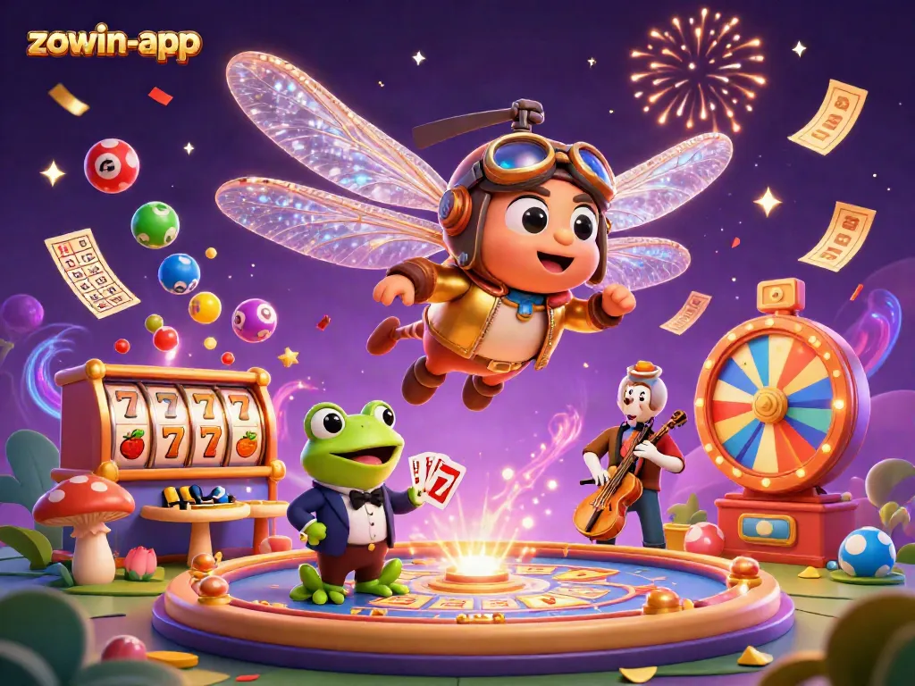 Play exciting games at zowin-app, featuring a colorful casino scene with vibrant elements and characters.