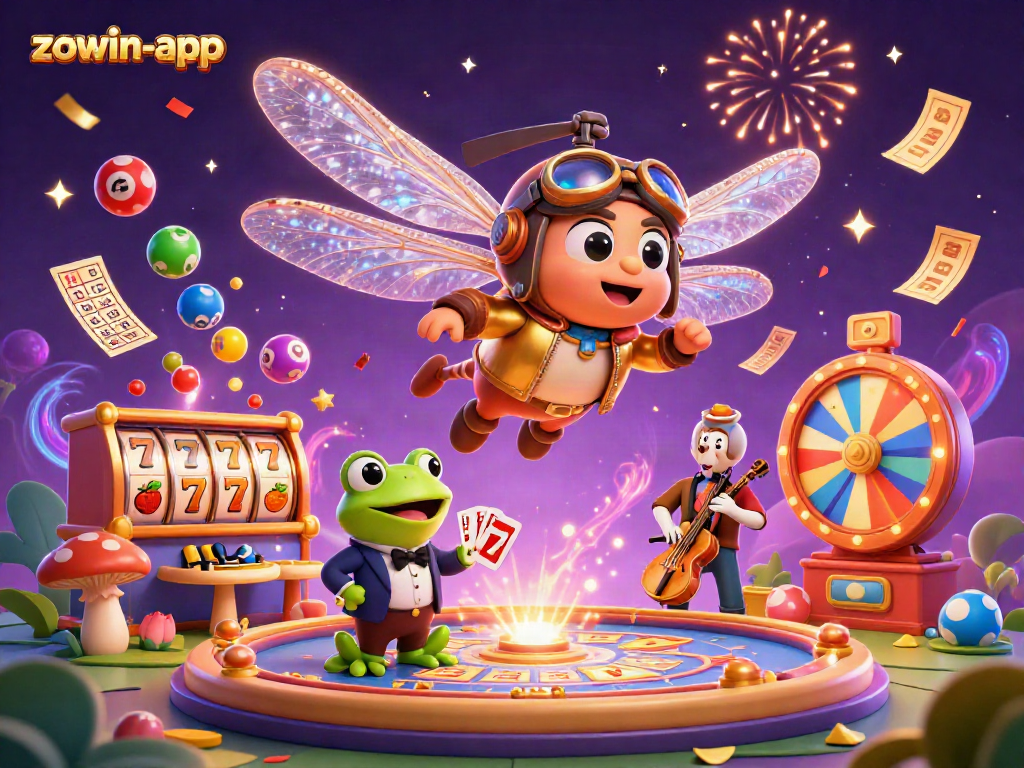 Play exciting games at zowin-app, featuring a colorful casino scene with vibrant elements and characters.